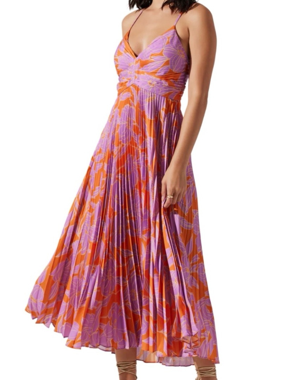 ASTR Blythe Pleated Dress Floral Maxi Dress in Purple and Orange - Picture 9 of 10